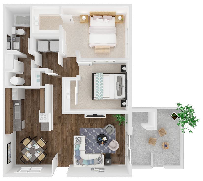 Floor plan for 2 beds, 1 bath, 858 sqft